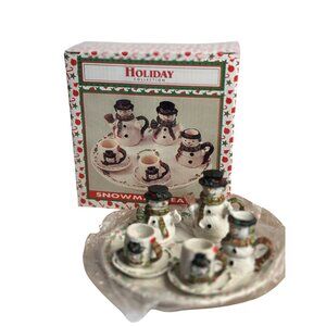 VTG 90s Snowman Miniature Tea Set 8 Pc Ceramic Holiday Christmas Decor w/ Box 2"